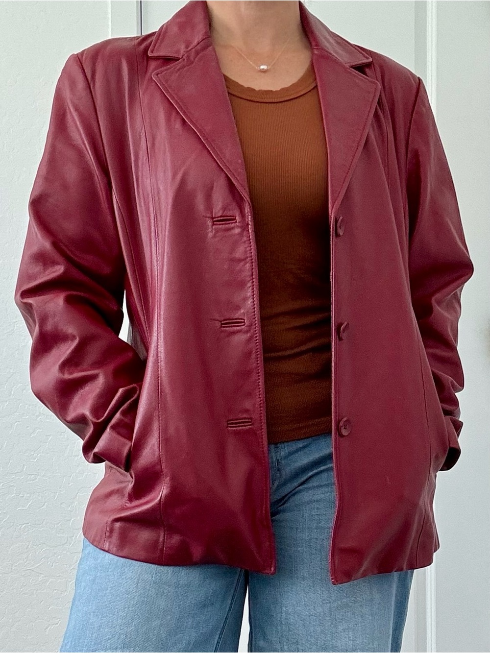 Vintage 90s Siena Studio Red Lambskin Leather Button Up Blazer Jacket